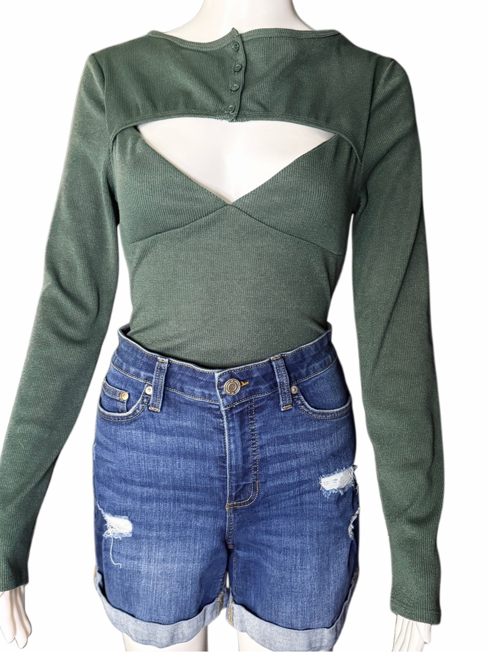 Nanamacs Green Long Sleeve Open Back Cutout Top Small Ribbed Fitted Trendy